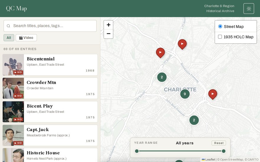 QC Maps — archived WBTV film pinned across a map of Charlotte